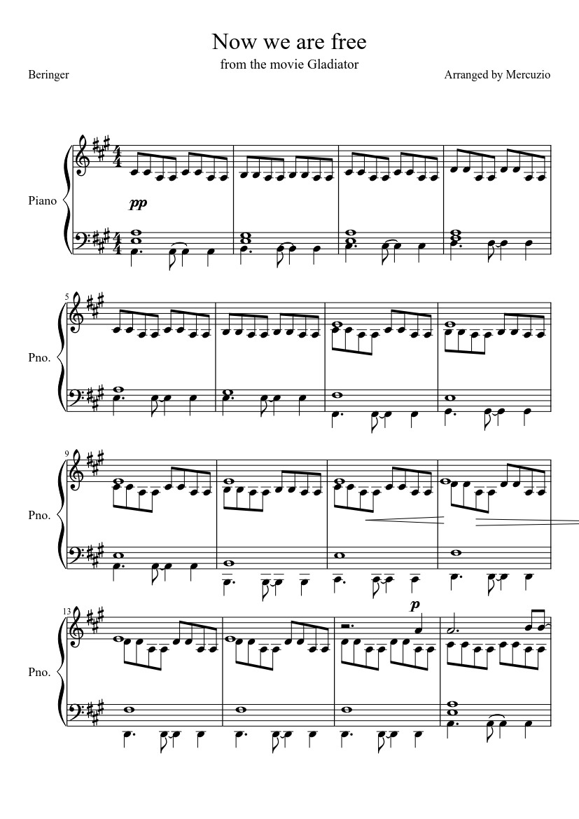 Now we are free, Gladiator Sheet music for Piano (Solo) | Musescore.com