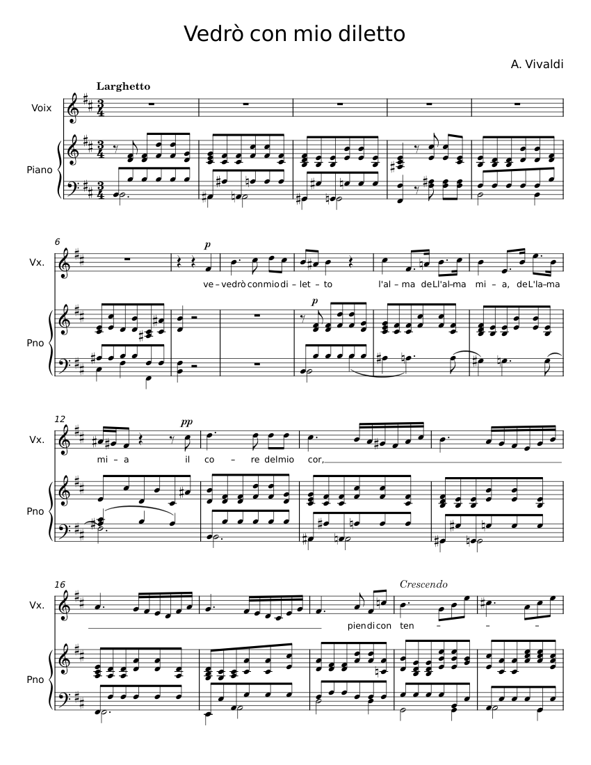 Vedrò Con Mio Diletto - A. Vivaldi Sheet Music For Piano, Synthesizer ...