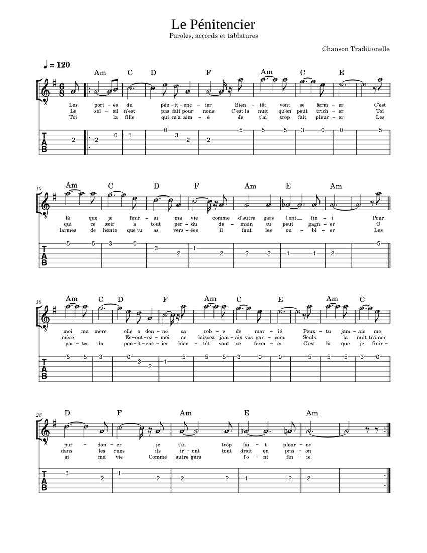 Le pénitencier, paroles, accords et tablatures Sheet music for Guitar  (Solo) | Musescore.com