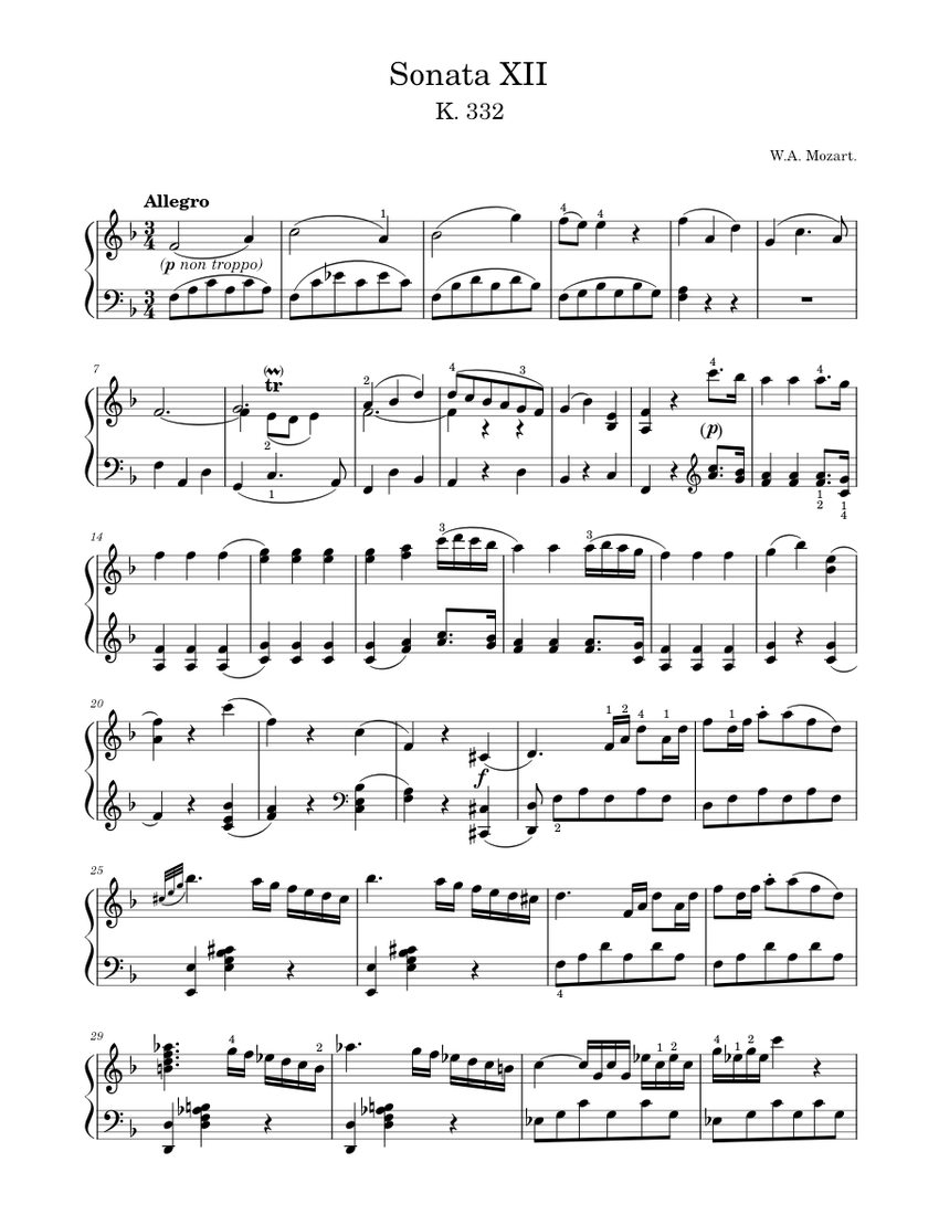 Sonata No. 12, 1st Movement K. 332 Sheet music for Piano (Solo) |  Musescore.com