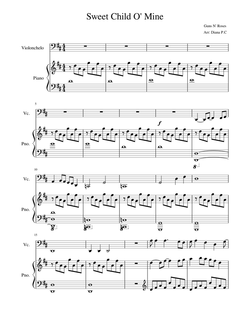 Sweet Child O' Mine Sheet music for Piano, Cello (Solo) | Musescore.com