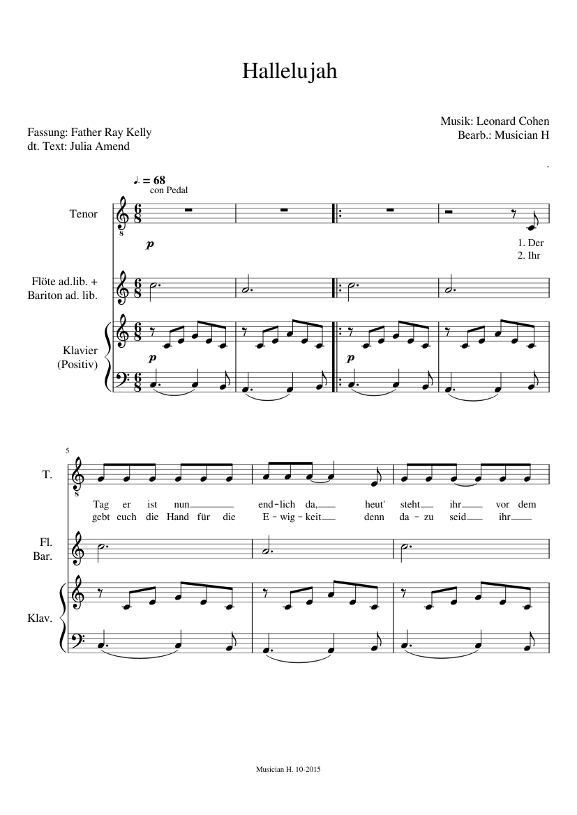 Hallelujah Leonard Cohen Fassung Father Ray Kelly Text Deutsch Sheet Music For Piano Flute Tenor Mixed Quintet Musescore Com