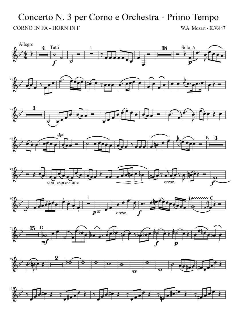 Mozart Horn Concert K.V.447 - Primo Tempo - First Tempo - Part in