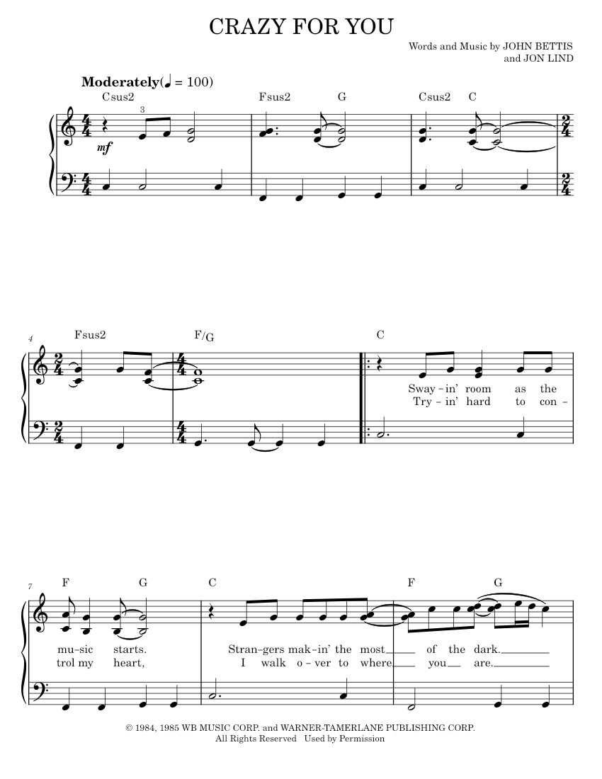 crazy for you Sheet music for Piano by Madonna Official