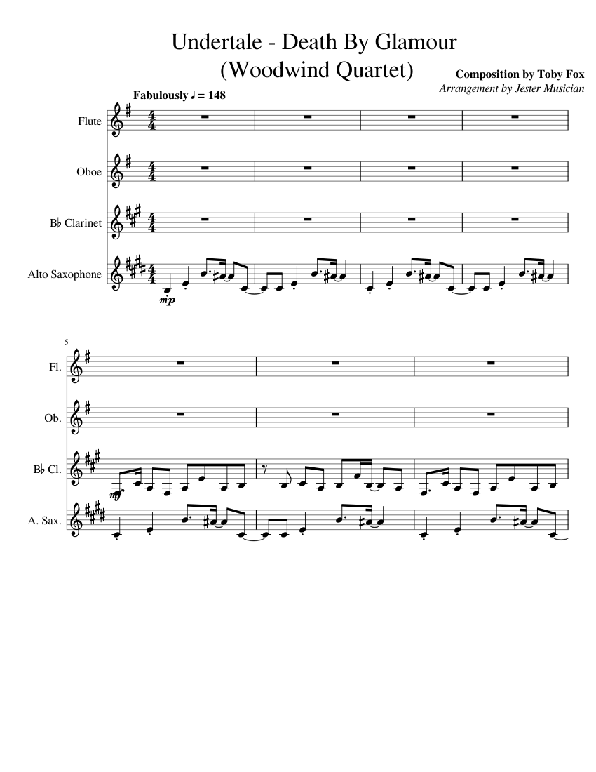 Undertale - Death By Glamour (Woodwind Quartet) Sheet music for Flute,  Oboe, Clarinet in b-flat, Saxophone alto (Mixed Quartet) | Musescore.com