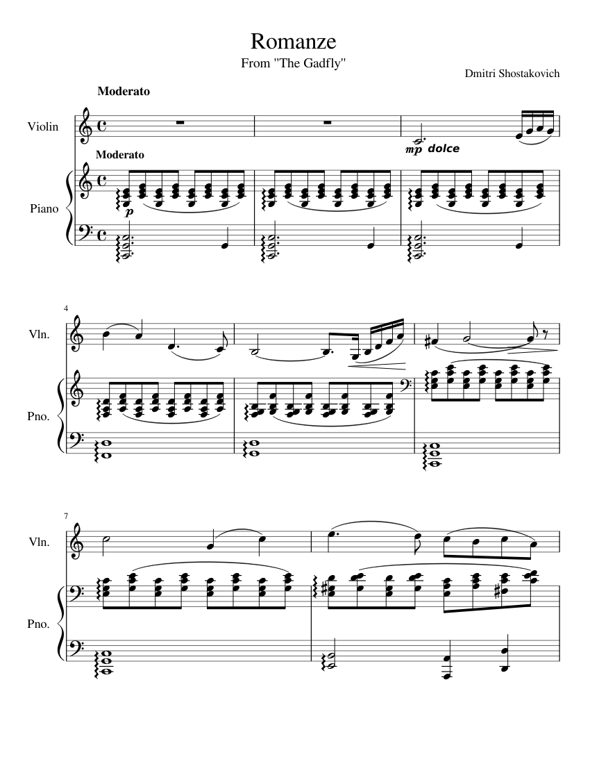 Dmitri Shostakovich Romance From The Gadfly Sheet Music For Piano Violin Solo Musescore Com