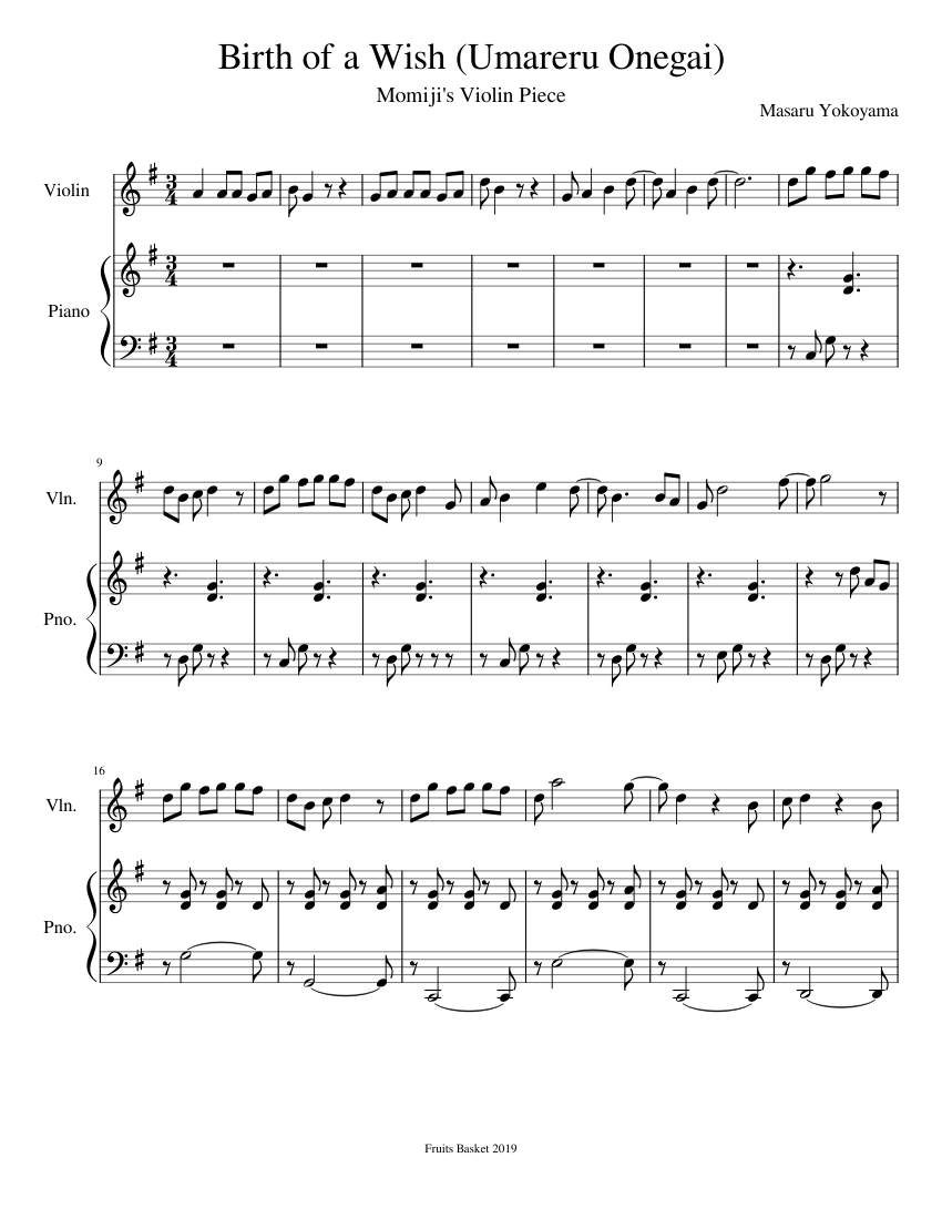 Birth of a Wish (Umareru Onegai) Sheet music for Piano, Violin (Mixed ...