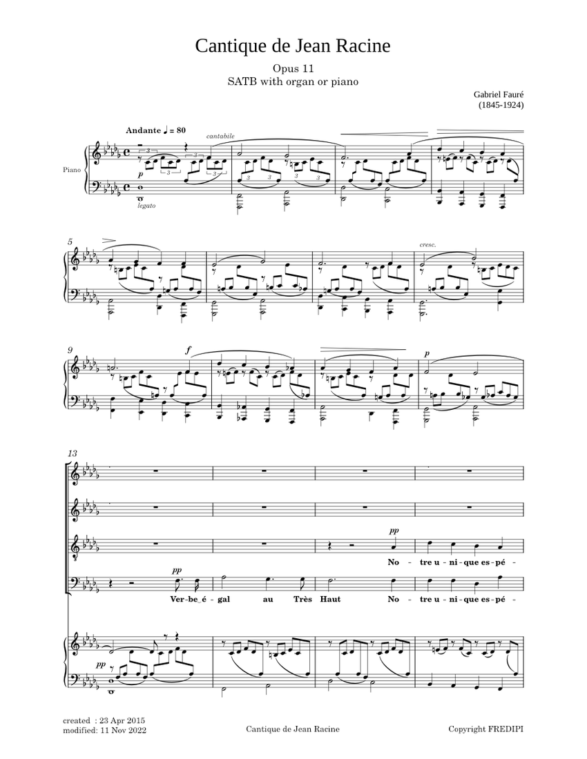 Cantique de Jean racine, Op.11 - Gabriel Fauré Sheet music for Piano,  Soprano, Alto, Tenor & more instruments (SATB) | Musescore.com