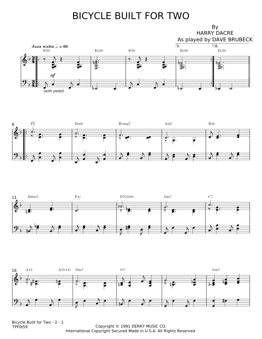 Bicycle Built For Two - Harry Dacre Sheet music for Piano (Piano Duo