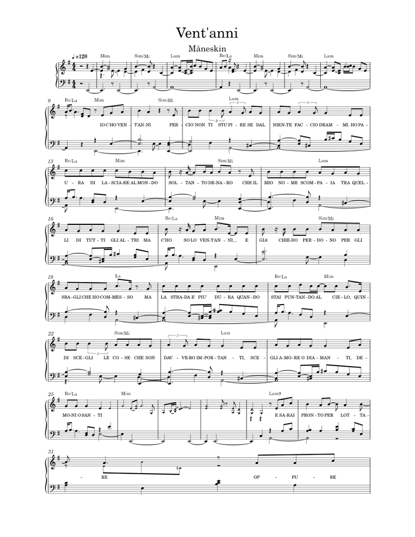 Vent'anni – Måneskin Sheet music for Piano (Solo) | Musescore.com
