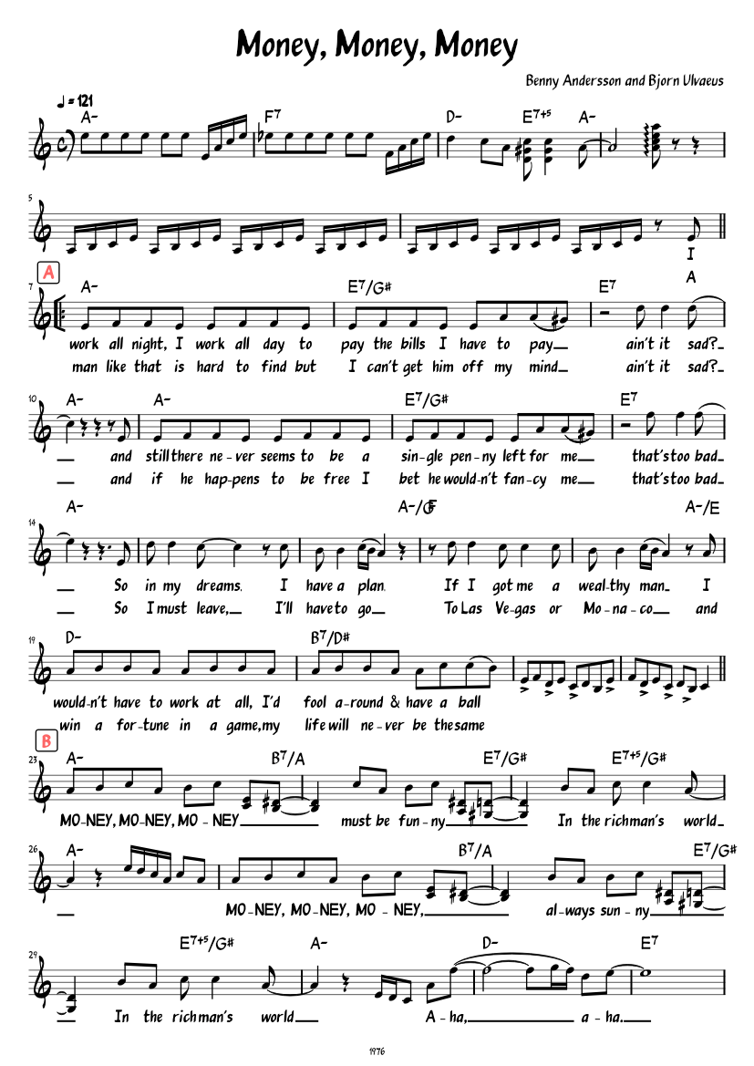 Money Money Money ABBA Sheet Music With Chords For Piano Solo Money Money Money ABBA Sheet Music With Chords For Piano Solo