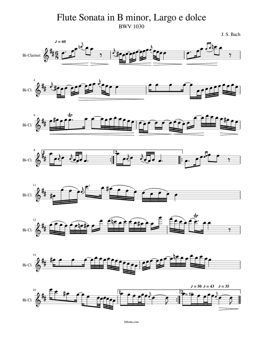 Bb Bach BWV 1030 Flute Sonata In B Minor Largo E Dolce 2# Sheet Music ...