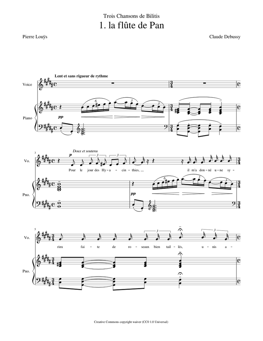Debussy Claude Trois Chansons de Bilitis No 1 La flute de Pan Sheet music  for Piano, Vocals (Piano-Voice) | Musescore.com