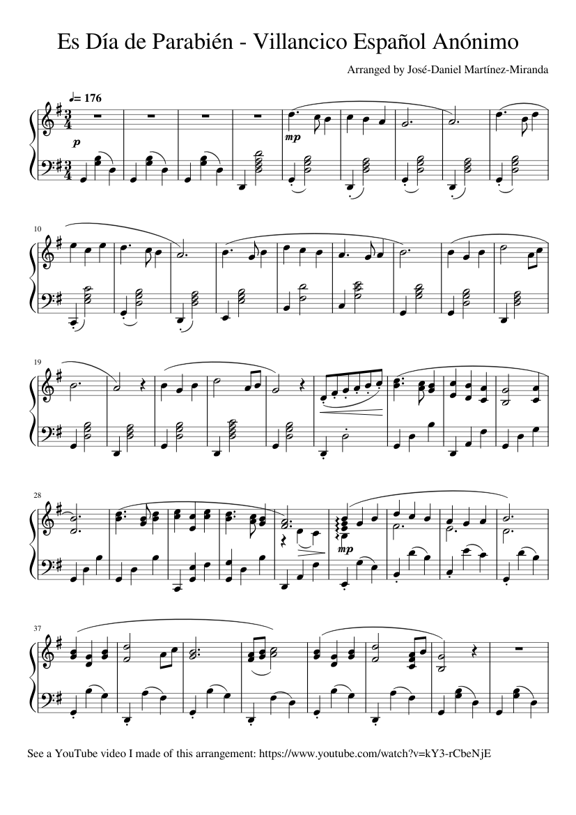 Es Día de Parabién - Villancico Español Anónimo - Arranged by José-Daniel  Martínez Sheet music for Piano (Solo) | Musescore.com