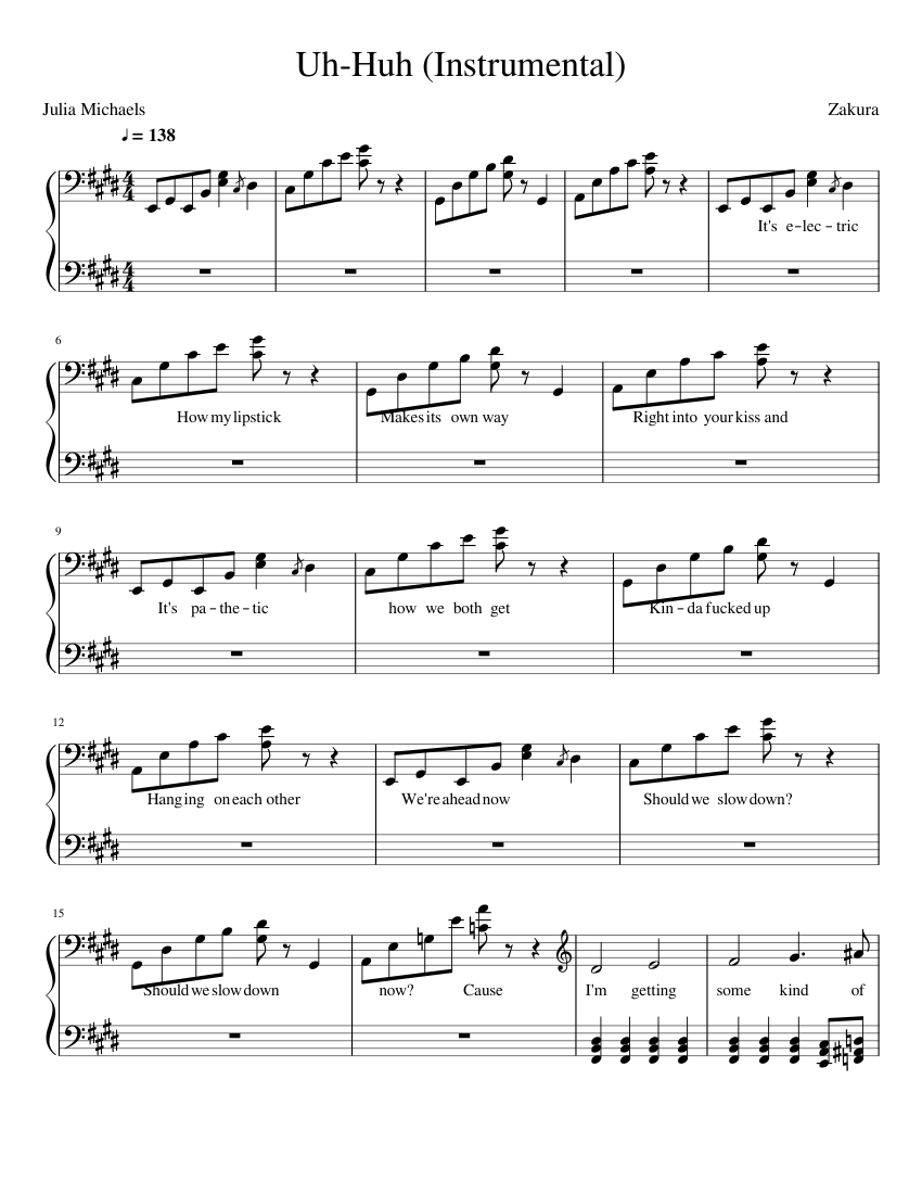Julia Michaels UhHuh (Instrumental) Sheet music for Piano (Solo