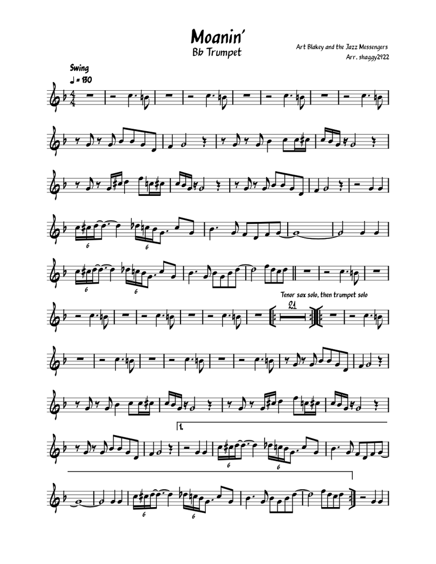 Moanin' – Art Blakey & The Jazz Messengers Sheet Music For Trumpet In B ...