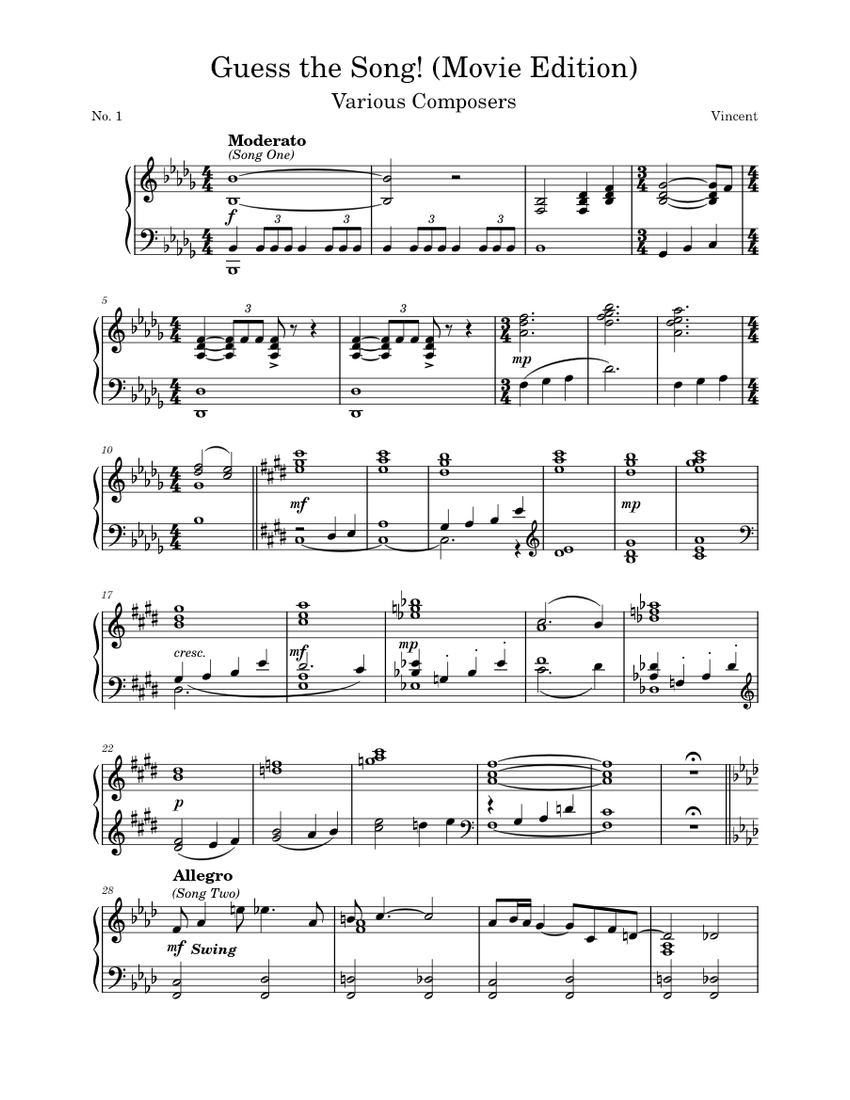 Guess the Song! (Movie Edition) No. 1 Sheet music for Piano (Solo