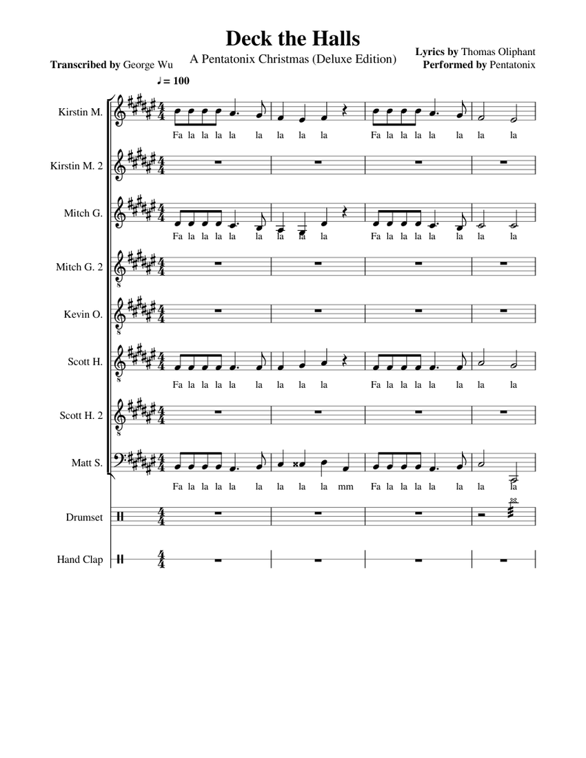 Deck The Halls Pentatonix Full Sheet Music W Lyrics Sheet Music For Violin Drum Group Soprano Tenor More Instruments Mixed Ensemble Musescore Com