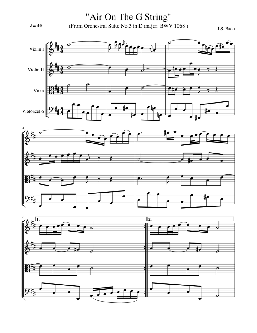 J.S. Bach - "Air On The G String" (From Orchestral Suite No. 3 In D Major-  BMV 1068) Sheet music for Viola (Solo) | Musescore.com