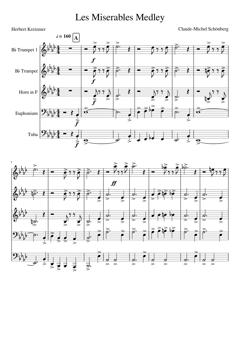 Les Miserables Brass Quintet Intro Sheet Music for Euphonium, Tuba