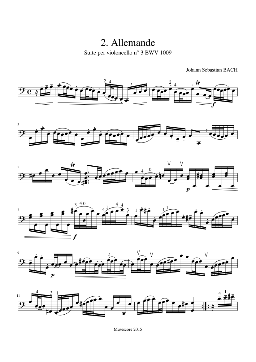 Johann Sebastian Bach オーヴェチュール第2番・第3番 J.S.バッハ - チェロ組曲第3番 BWV 1009 - 2. アルマンド 楽譜 チェロ
