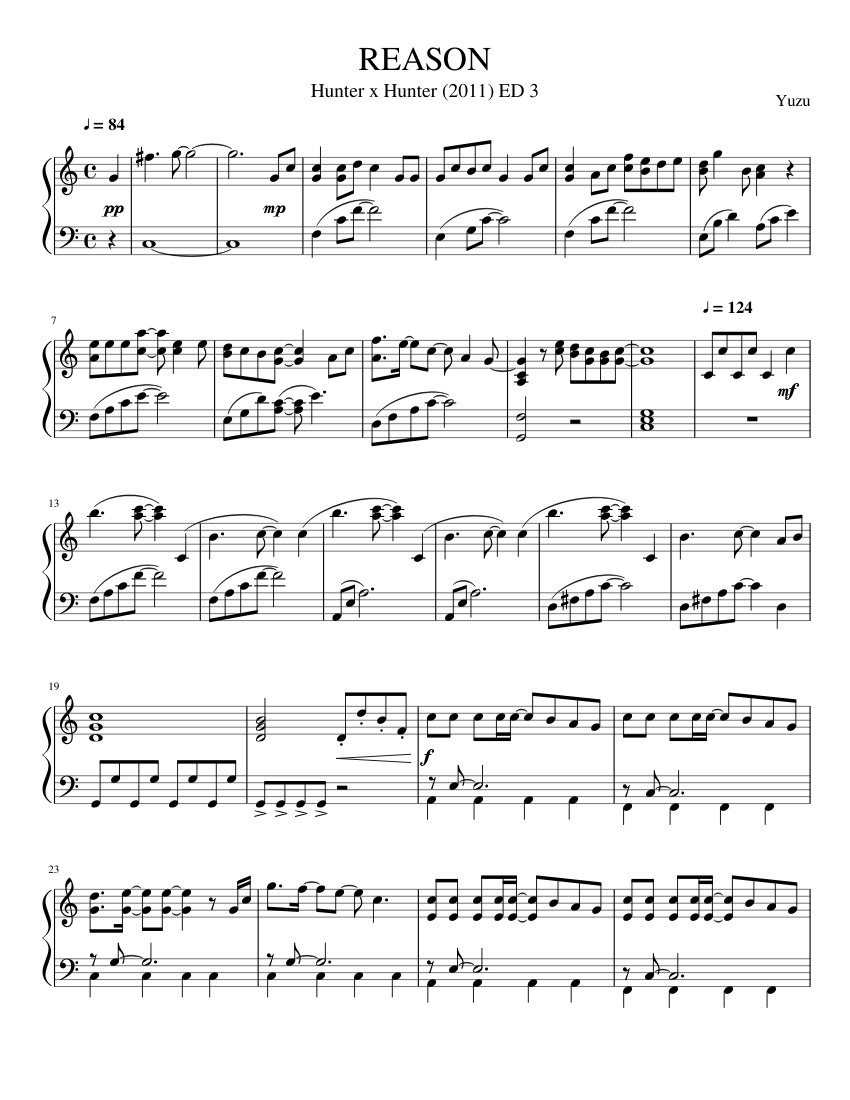 REASON - ゆず (Hunter x Hunter (2011) ED3) Sheet music for Piano (Solo) |  Musescore.com