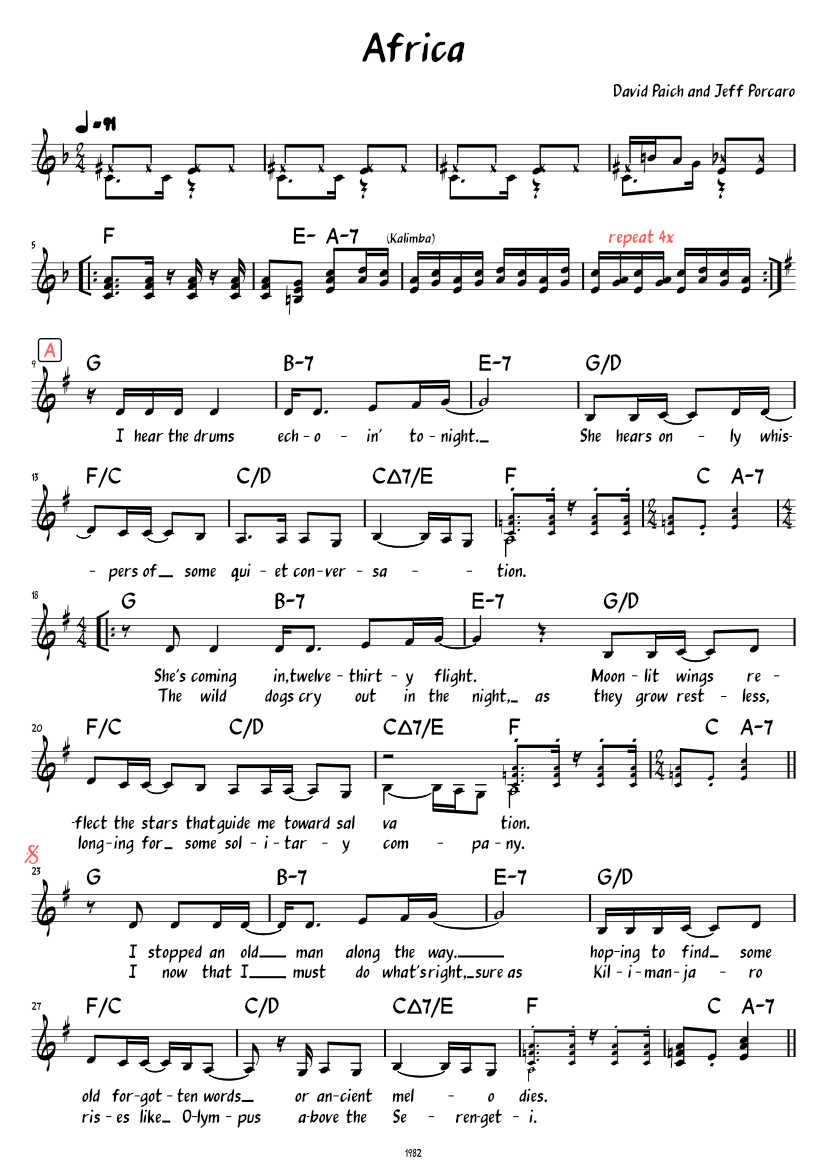 Africa (Lead sheet with lyrics and Sheet Music with
