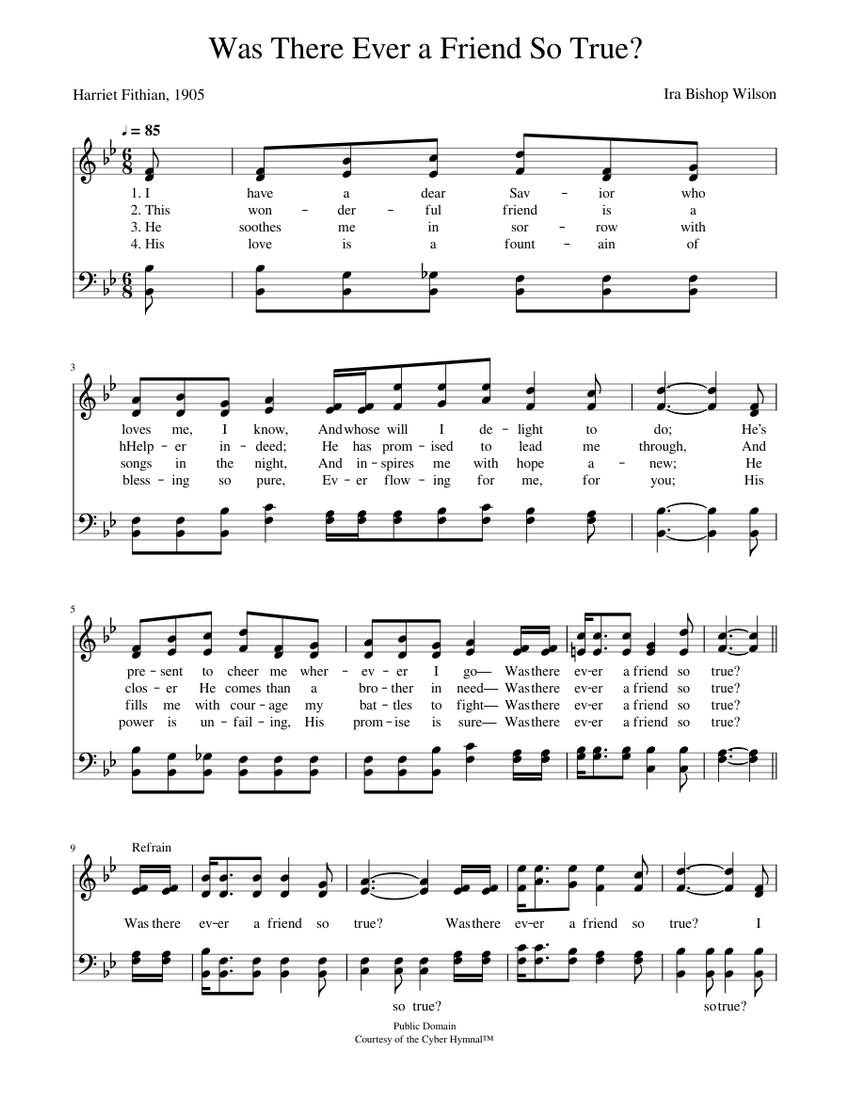 Was There Ever A Friend So True Ira B Wilson Sheet Music For Piano 