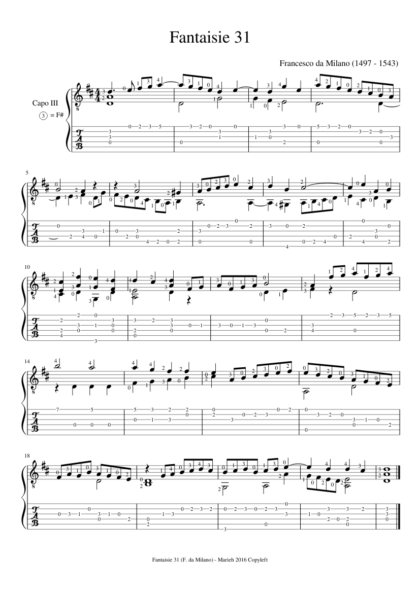 Fantaisie 31 - Francesco da Milano (1497 - 1543) - Tablature Sheet music  for Guitar (Mixed Duet) | Download and print in PDF or MIDI free sheet  music for Fantasia by Francesco da Milano (classical ) | Musescore.com