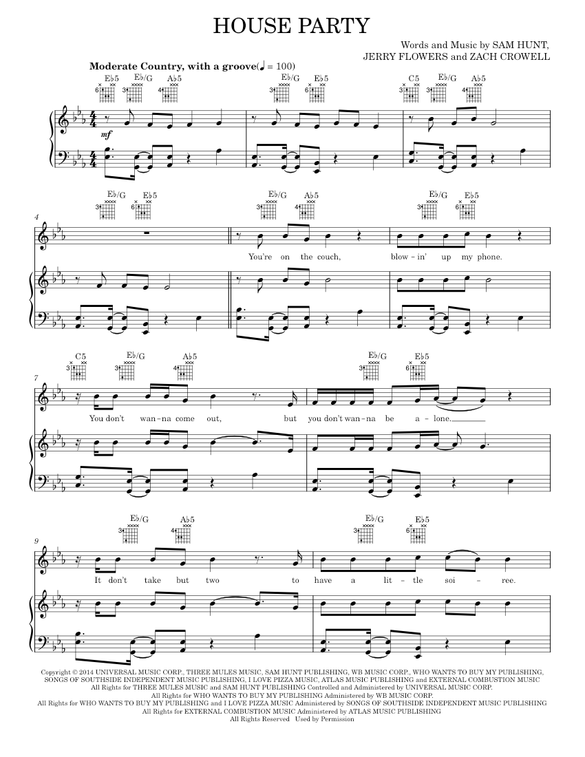 house party Sheet music for Piano, Vocals by Sam Hunt Official