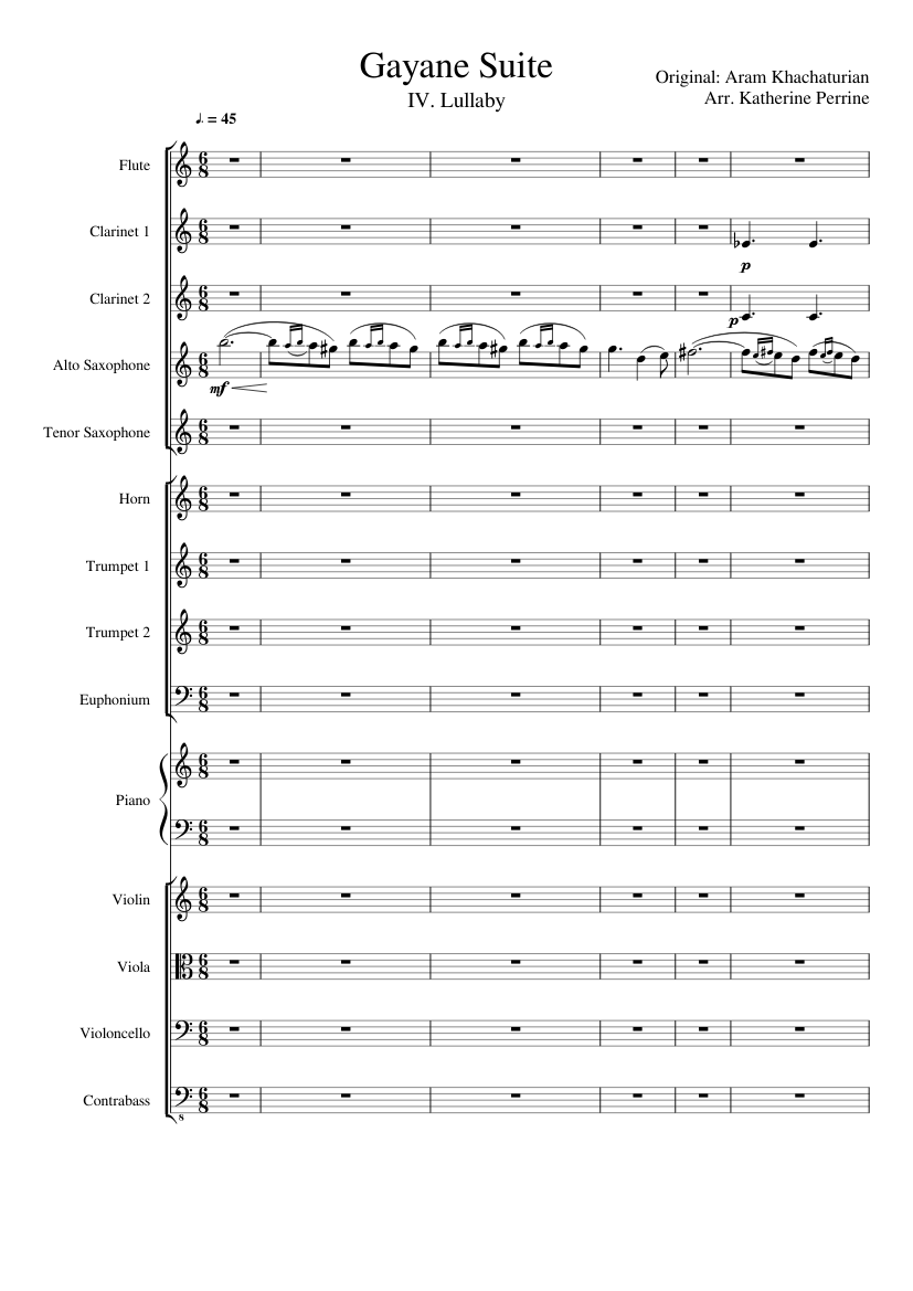 Gayane Suite IV. Lullaby Sheet music for Piano, Euphonium, Flute, Clarinet  in b-flat & more instruments (Mixed Ensemble) | Musescore.com