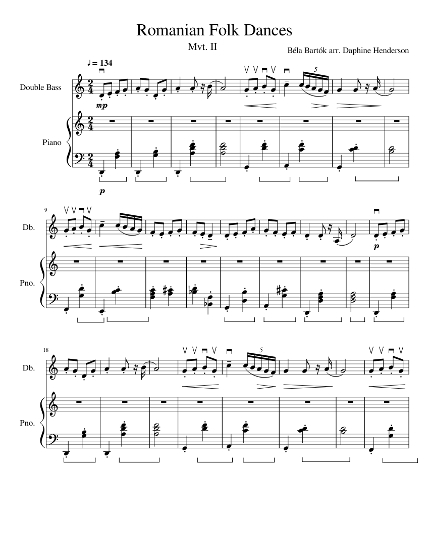 Romanian Folk Dances: Solo for Double Bass and Piano: Mvt 2 Sheet Music ...