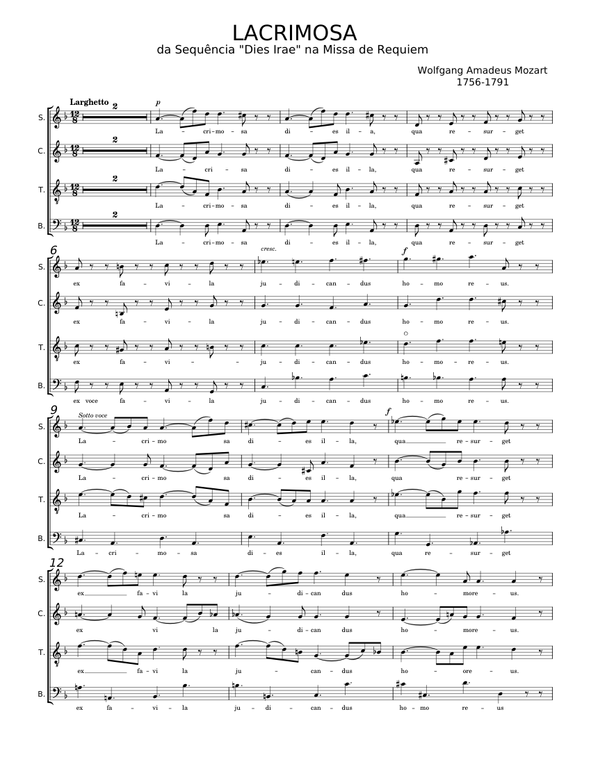Lacrimosa - Wolfgang Amadeus Mozart Sheet Music for Soprano, Alto ...