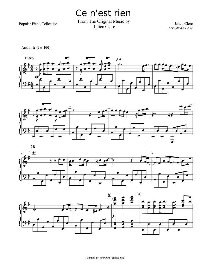 Ce n'est rien - Julien Clerc Sheet music for Piano (Solo) | Musescore.com