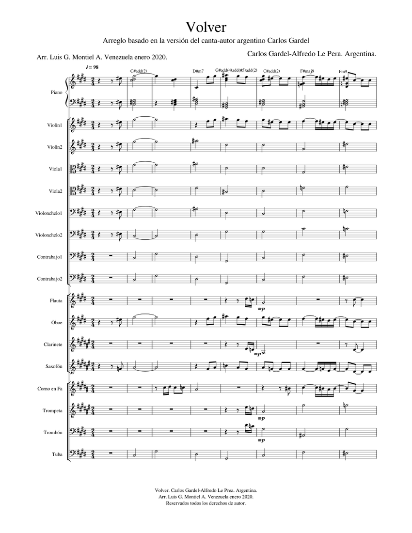 Volver. Carlos Gardel y Alfredo Le Pera Sheet music for Piano, Trombone,  Tuba, Flute & more instruments (Mixed Ensemble) | Musescore.com