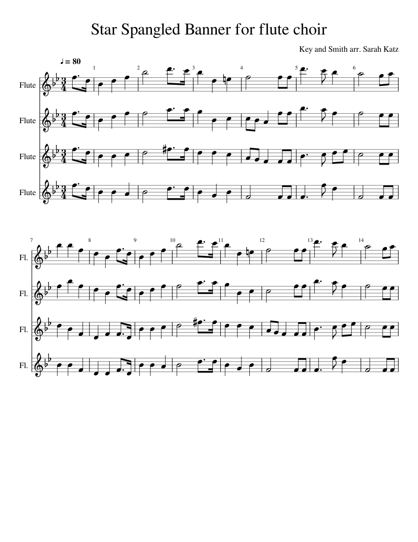 Star Spangled Banner for flute choir Sheet music for Flute (Mixed Quartet)