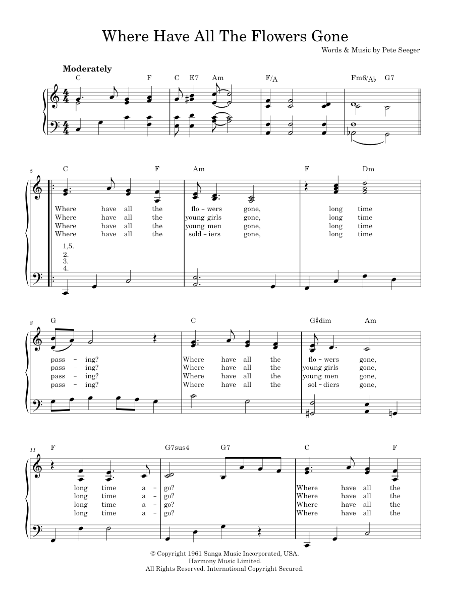 Where Have All The Flowers Gone Sheet music for Piano Music Notes