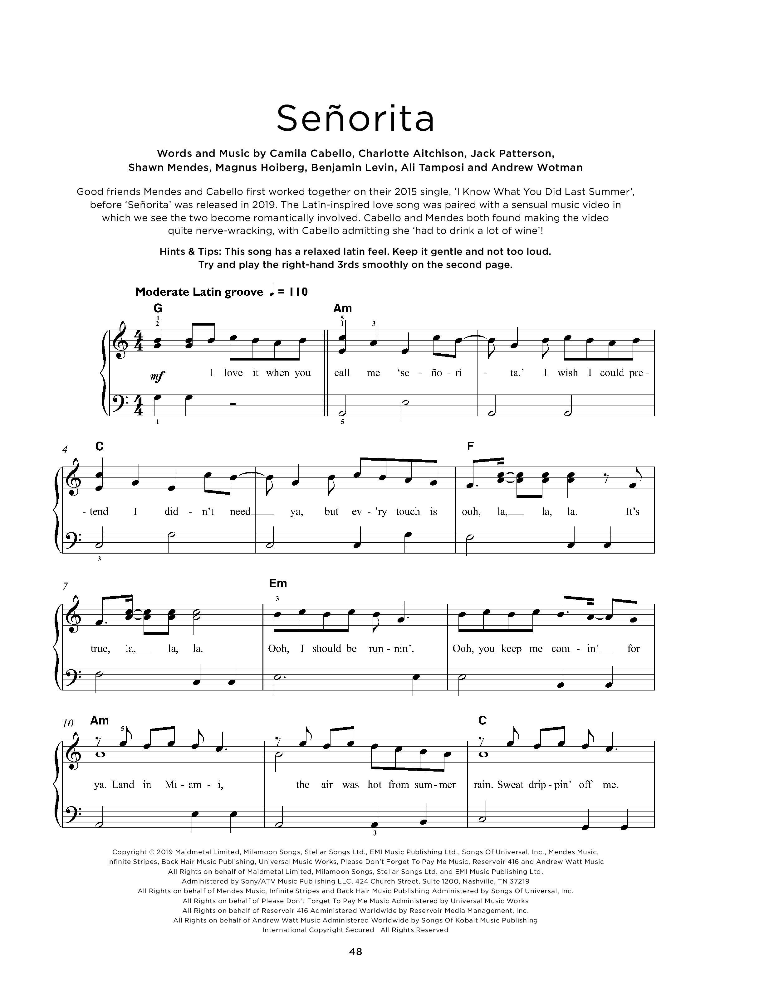 Play Official Version Of Señorita Sheet Music By Shawn Mendes And Camila Cabello For Piano 4708