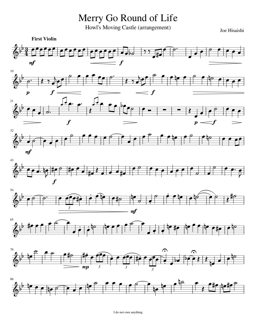 Merry Go Round Of Life First Violin Sheet Music For Violin Solo Musescore C...