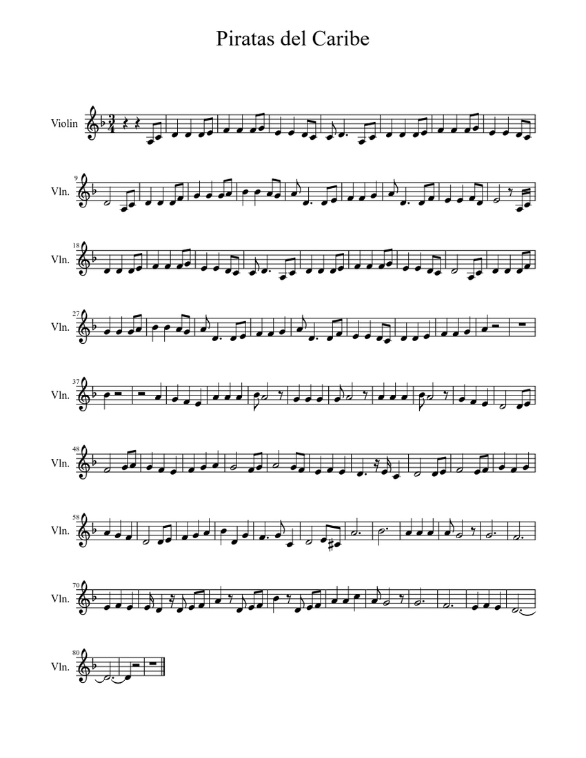 Piratas Del Caribe Sheet music for Violin (Solo) | Musescore.com