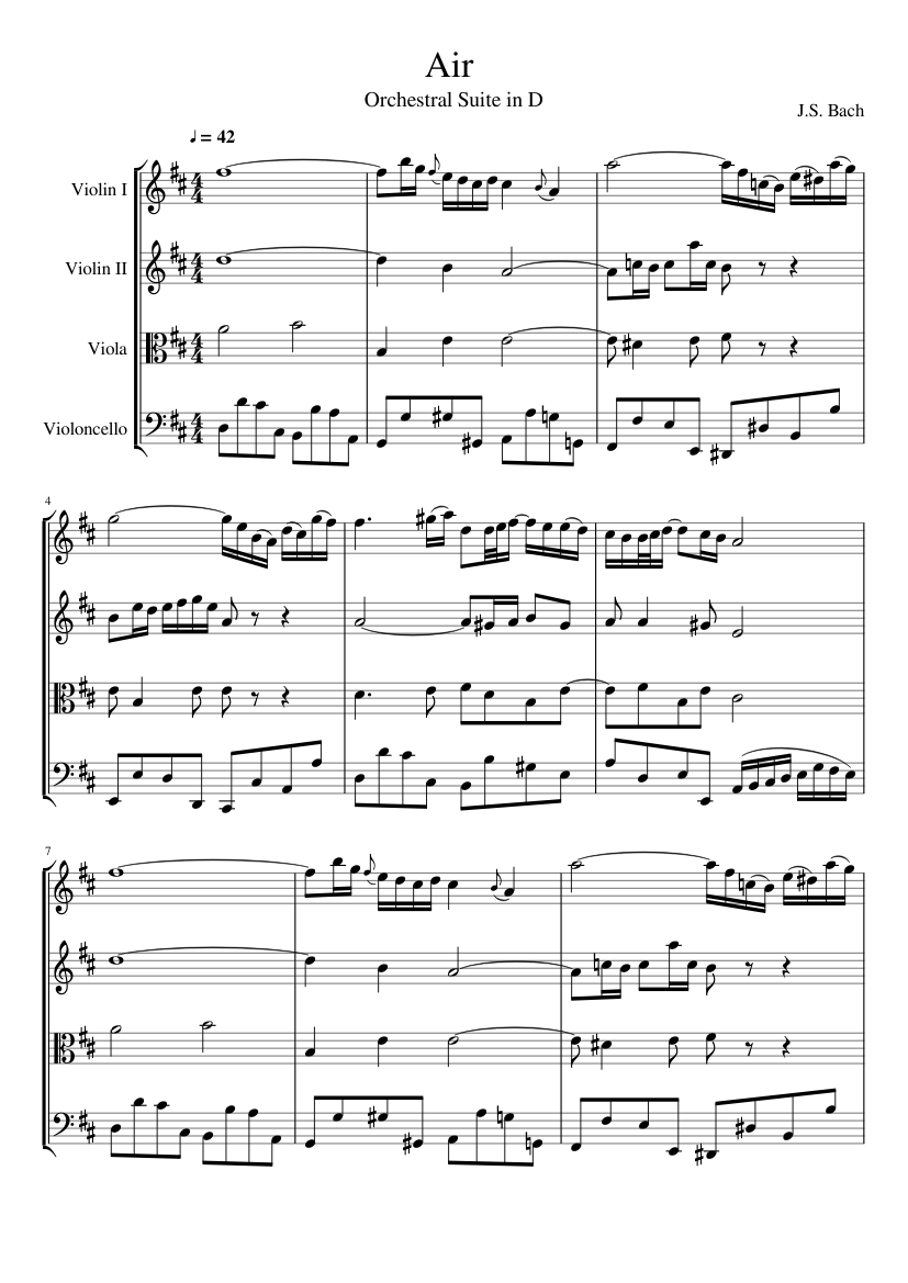 Air Orchestral Suite no.3 Bach Sheet Music for Violin, Viola