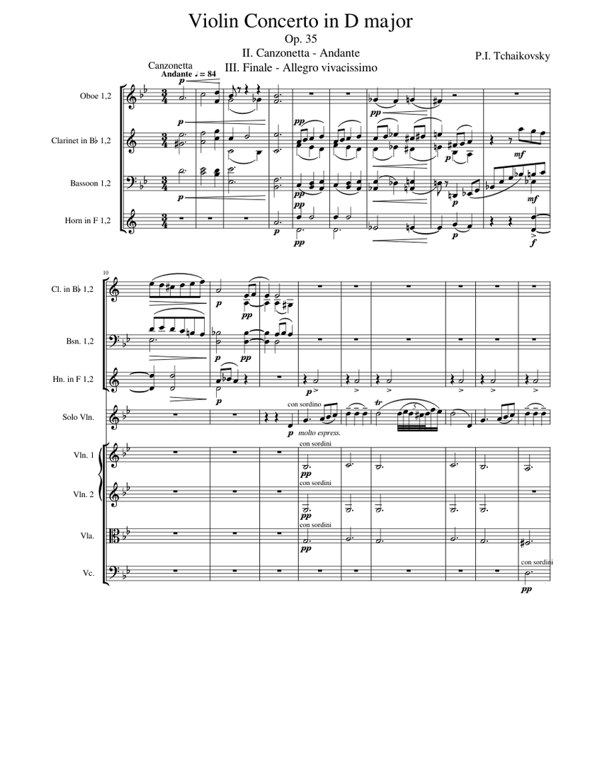 Tchaikovsky Violin Concerto in D major - 2nd and 3rd movement Sheet music  for Flute, Oboe, Clarinet in b-flat, Bassoon & more instruments (Solo) |  Musescore.com