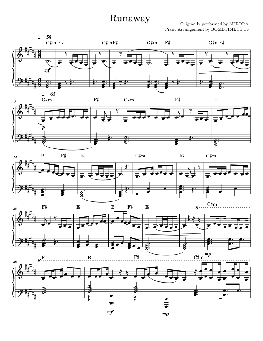 Runaway – AURORA Sheet music for Piano (Solo) | Musescore.com