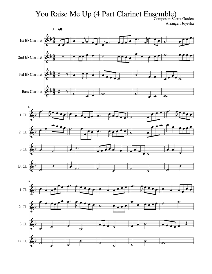 You Raise Me Up 4 Part Clarinet Ensemble Sheet Music For Clarinet In B Flat Clarinet Bass Mixed Quartet Musescore Com