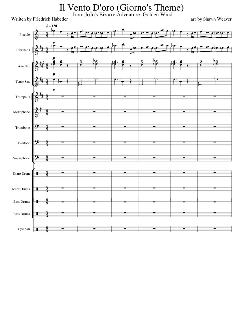 Il Vento D'oro (Giorno's Theme) Friedrich Habetler Sheet music for Trombone, Mellophone, Flute