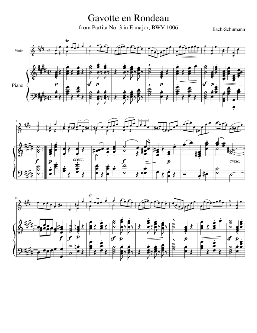 Gavotte from Partita No. 3 BWV 1006 by Bach-Schumann for Violin and Piano  Sheet music for Piano, Violin (Solo) | Musescore.com