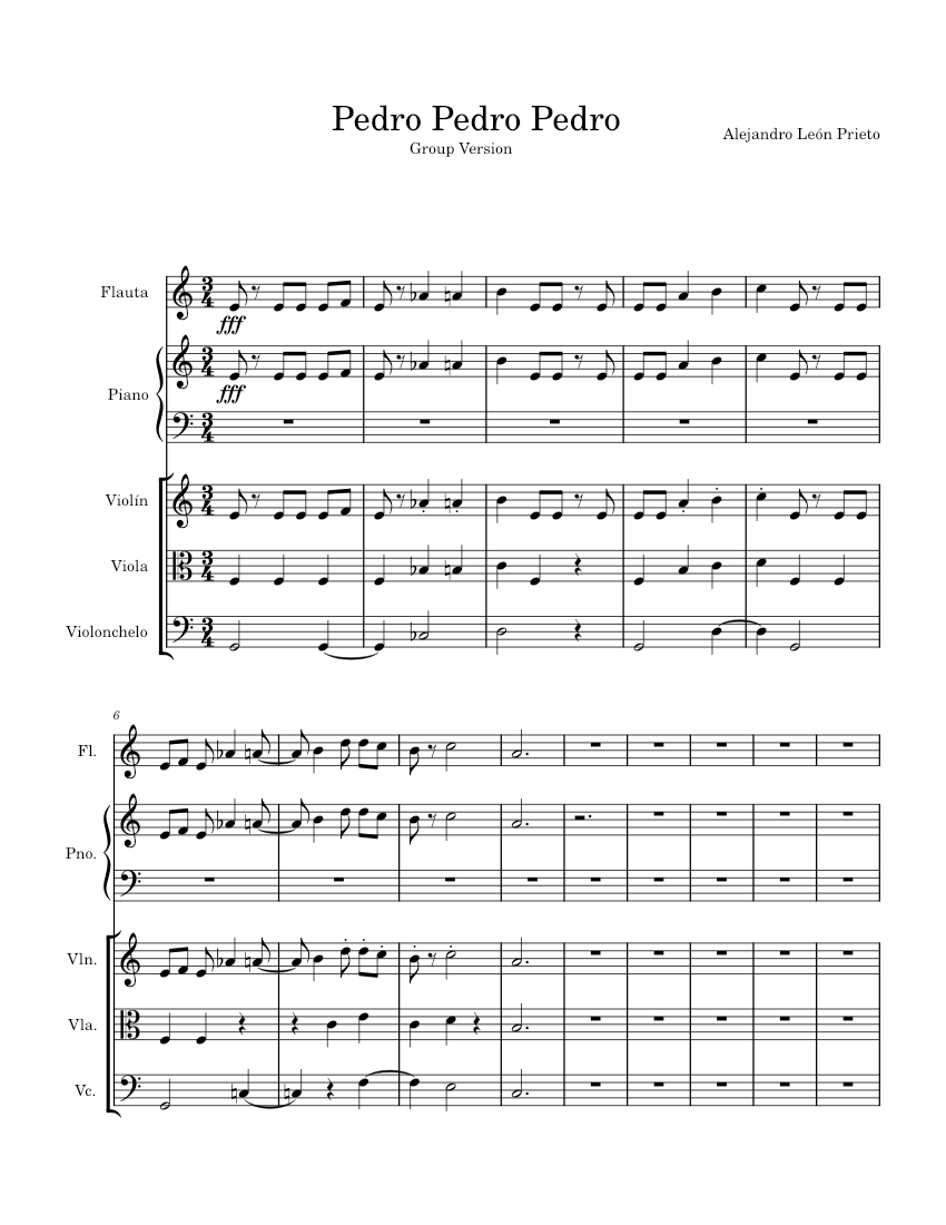 Pedro Pedro Pedro Sheet music for Piano, Flute, Violin, Viola & more instruments (Mixed Quintet