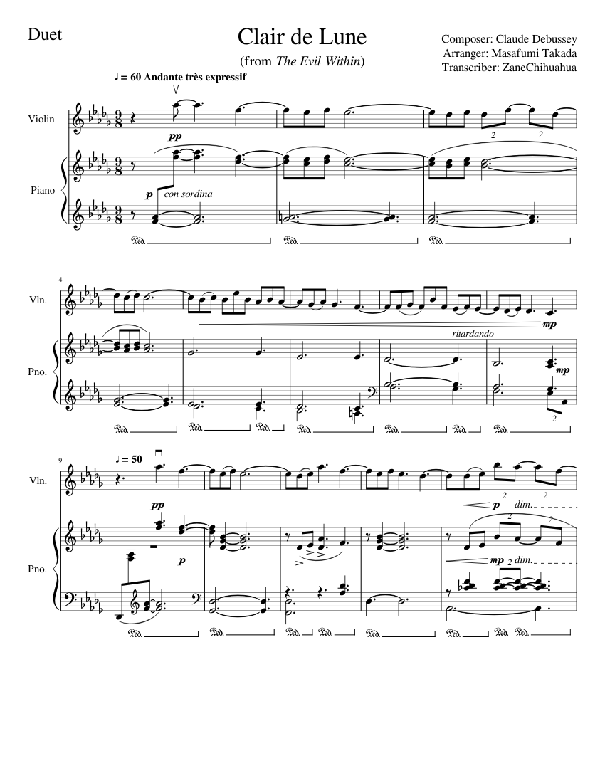 Clair De Lune From The Evil Within Sheet Music For Piano Violin Mixed Duet Musescore Com