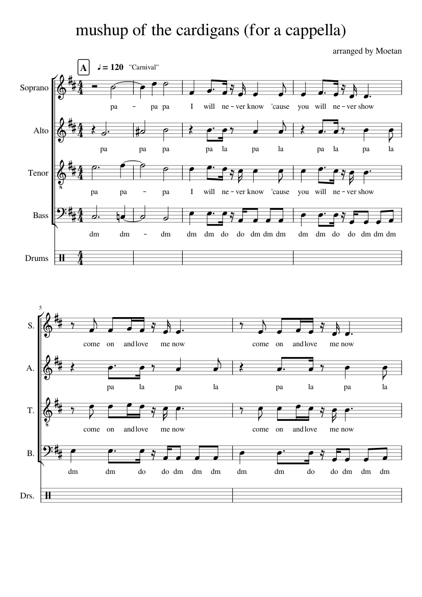 mushup of the cardigans (for a cappella) Sheet music for Soprano, Alto,  Tenor, Bass voice & more instruments (Mixed Quintet) | Musescore.com