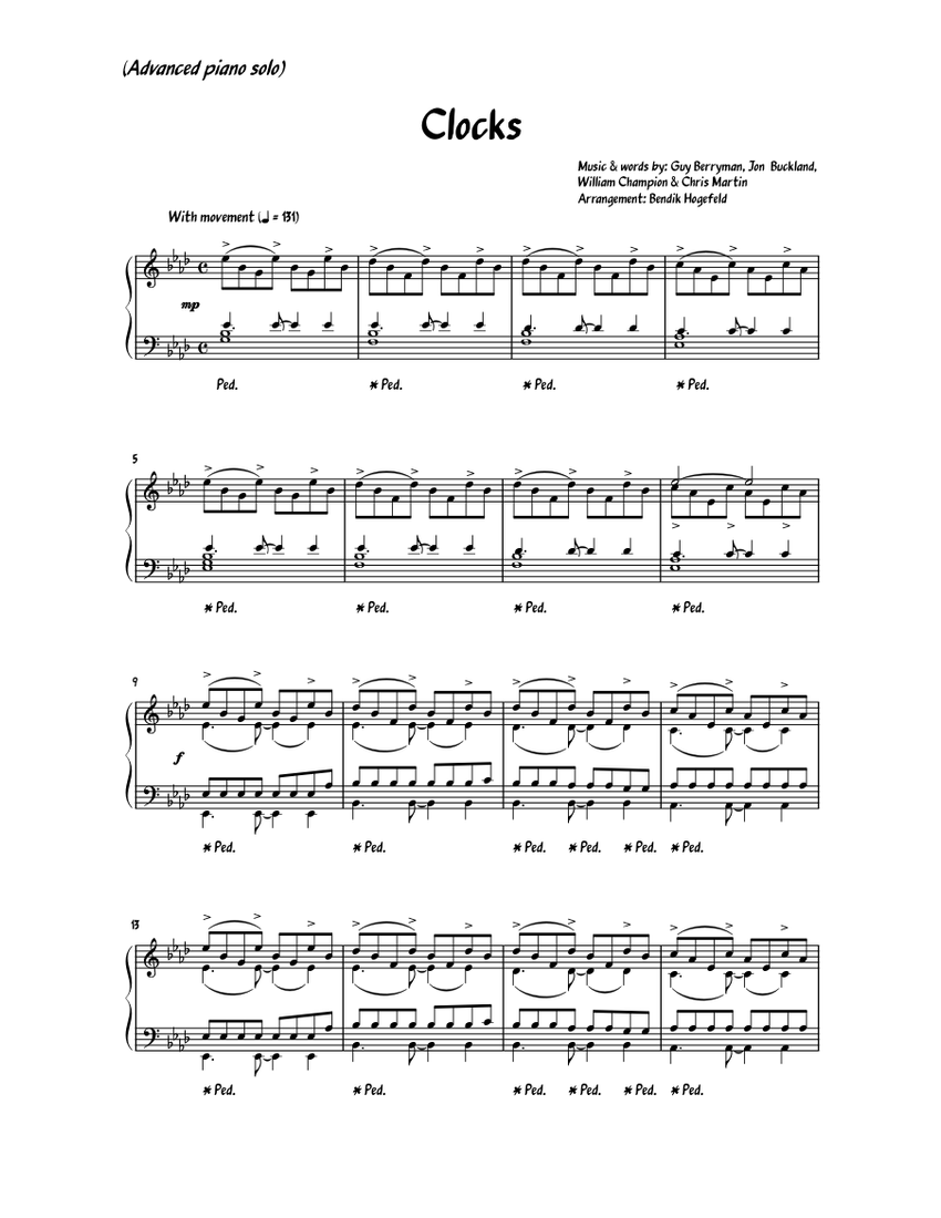 Clocks (Advanced piano solo) Sheet music for Piano (Solo)